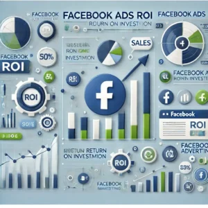 Infographic showcasing Facebook Ads ROI with charts, graphs, and icons, illustrating metrics like sales, ROI percentage, and advertising performance.