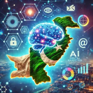 Illustration of Pakistani businesses leveraging AI for digital marketing, blending cultural motifs with futuristic tech visuals