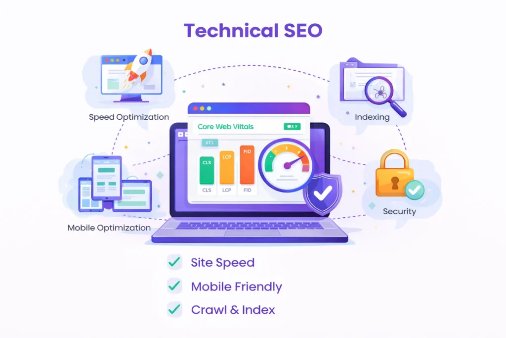 Technical SEO illustration showing site speed optimization, mobile friendliness, crawl and indexing, and website security