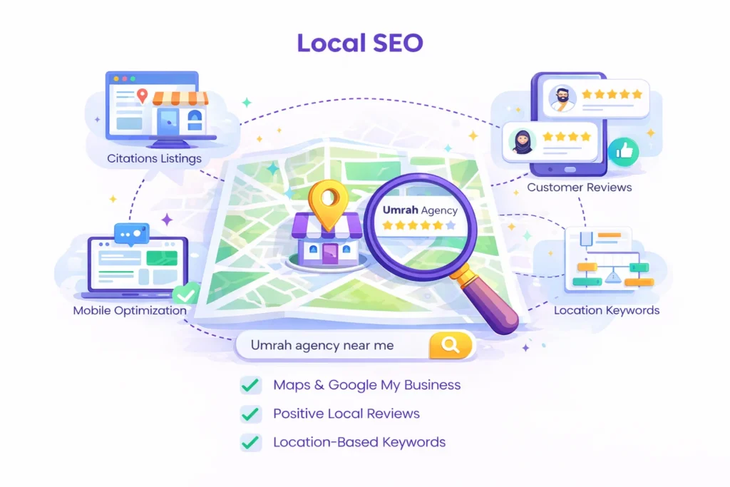 Local SEO illustration showing Google Maps optimization, customer reviews, and location-based keywords for Umrah travel agencies