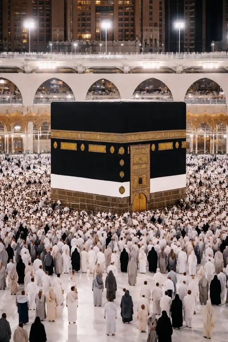 Pilgrims performing Tawaf around the Kaaba during Umrah