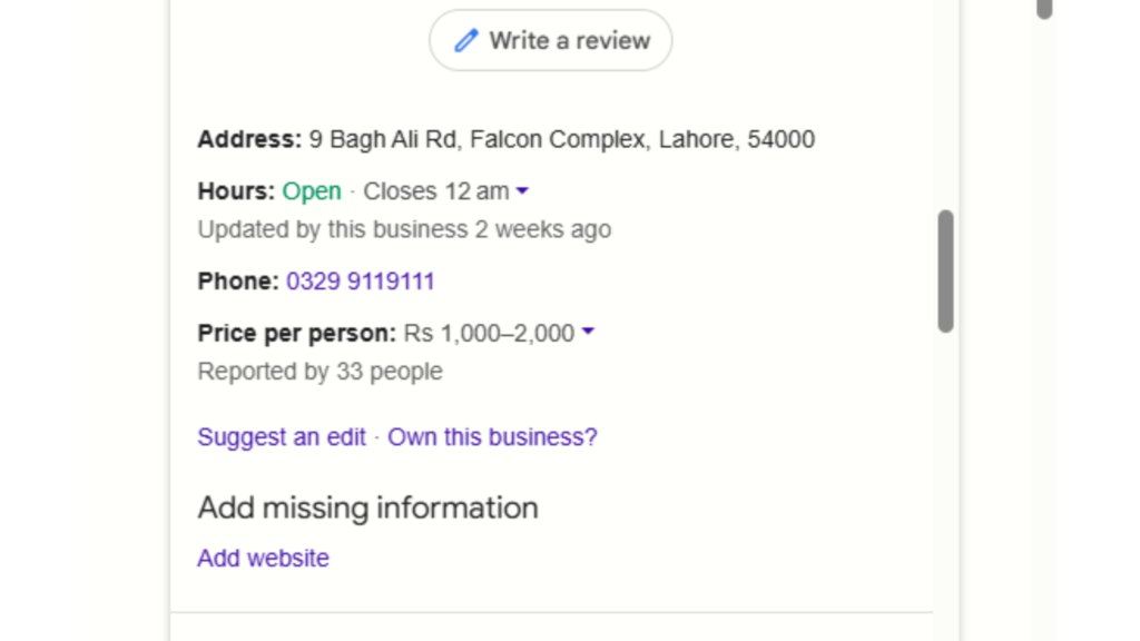screenshot of NAP section of a business profile