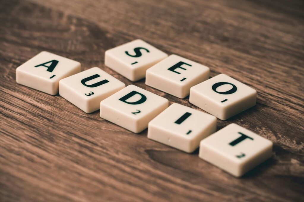 SEO audit written on Scrabble pieces