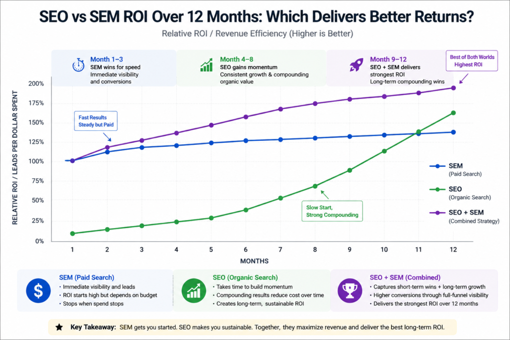Graph showing SEO vs SEM return on investment over 12 months and why combining both strategies delivers higher long-term ROI