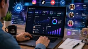 AI-powered influencer marketing ROI dashboard showing analytics, social commerce, and business growth strategies for 2026.