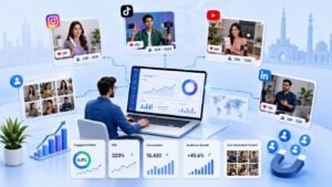 Micro influencer marketing strategy showing a brand collaborating with niche content creators across Instagram, TikTok, YouTube, and LinkedIn to increase engagement and ROI.