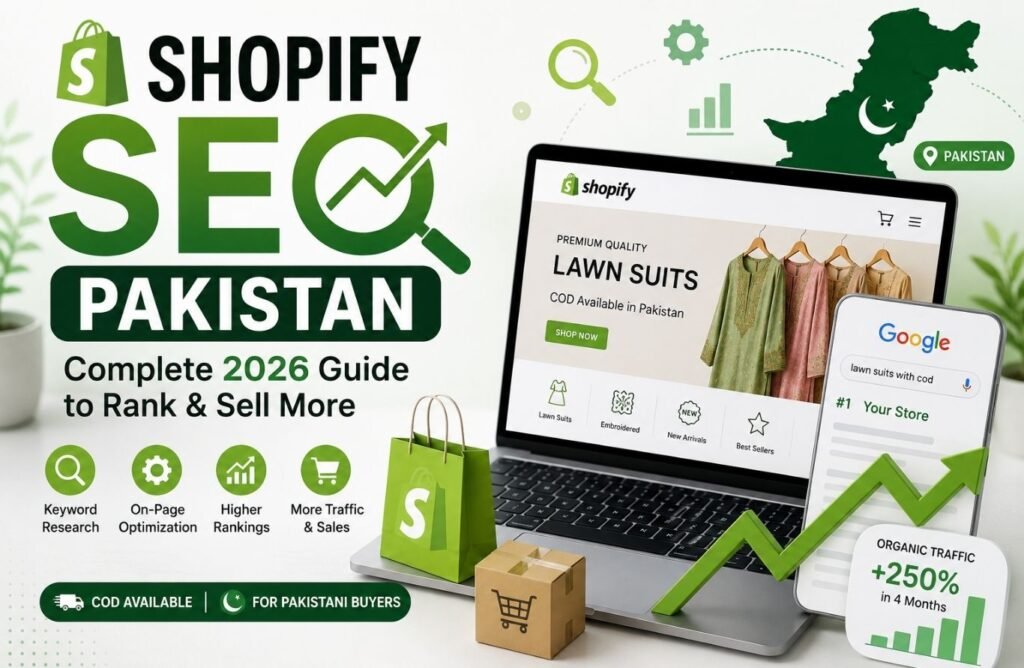 Shopify SEO Pakistan guide showing ecommerce optimization, Google rankings, and online store growth strategies for 2026.