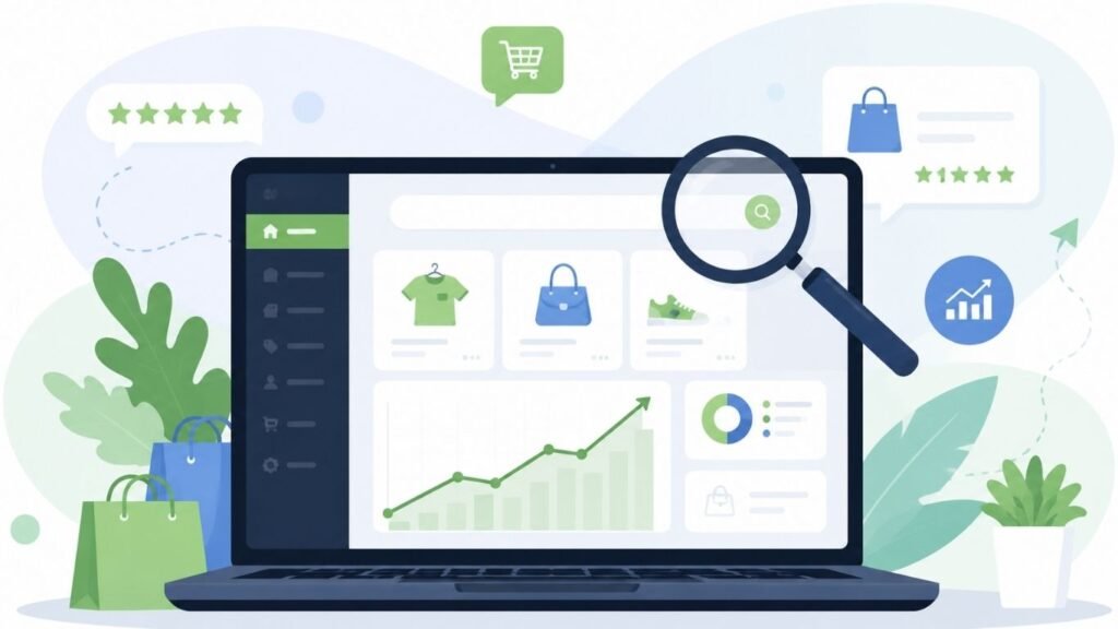 Shopify SEO tips illustration: laptop dashboard, search icon, and rising analytics graph.