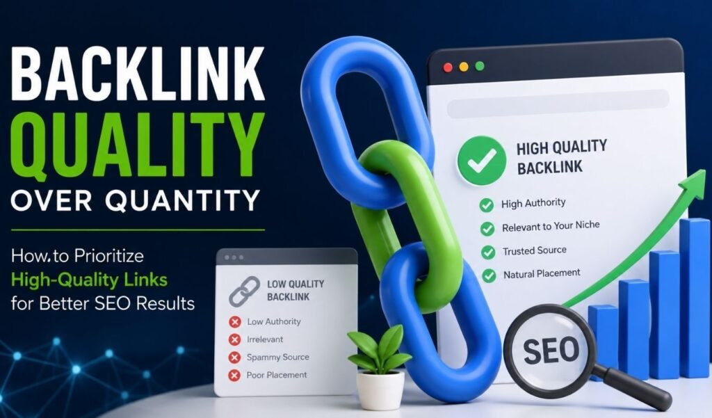 Backlink quality over quantity infographic showing high-quality SEO backlinks, trusted authority links, and strategies to improve Google search rankings.