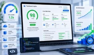 Page speed optimization dashboard showing Core Web Vitals and improved SEO performance in 2026.