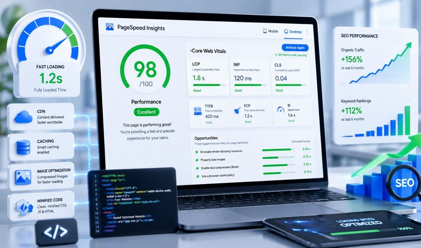 Page speed optimization dashboard showing Core Web Vitals and improved SEO performance in 2026.